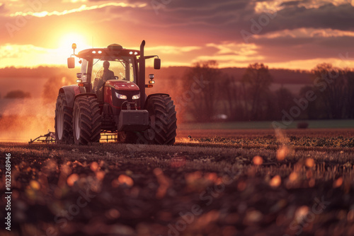 Tractor cultivating farmland at sunset in rural landscape, creating dust clouds during evening hours in autumn