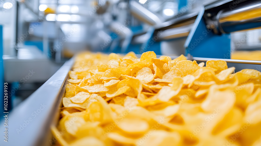 Potato Chips Production Line at Food Plant – Manufacturing Process for Snack Foods Potato Chips Production Line at Food Plant – Manufacturing Process for Snack Foods
