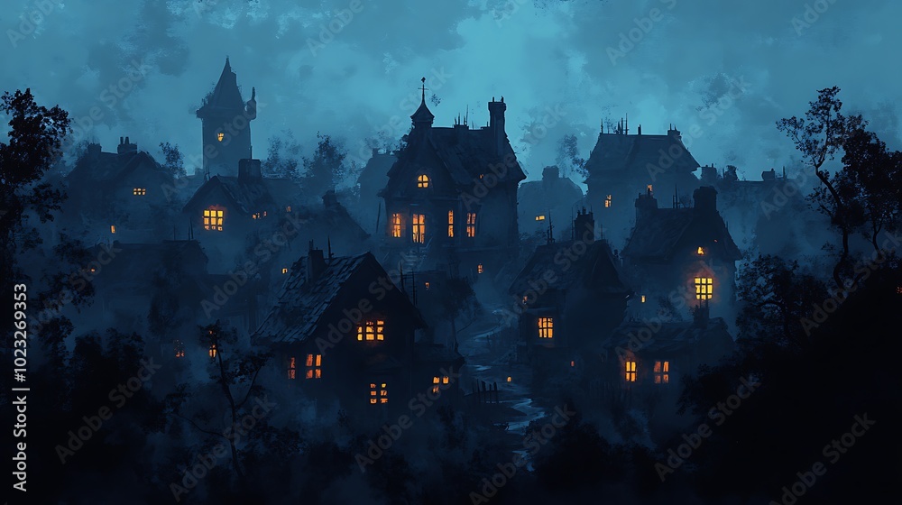 A spooky, cursed village, cartoon style, with twisted, leaning houses and swirling fog that fills the streets. The village is silent and dark, with only a few faint lights glowing from broken windows. A spooky, cursed village, cartoon style, with twisted, leaning houses and swirling fog that fills the streets. The village is silent and dark, with only a few faint lights glowing from broken windows.