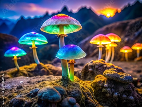 Glowing, iridescent mushrooms, that grow on the rim of ancient impact craters, pulsing with an otherworldly energy photo