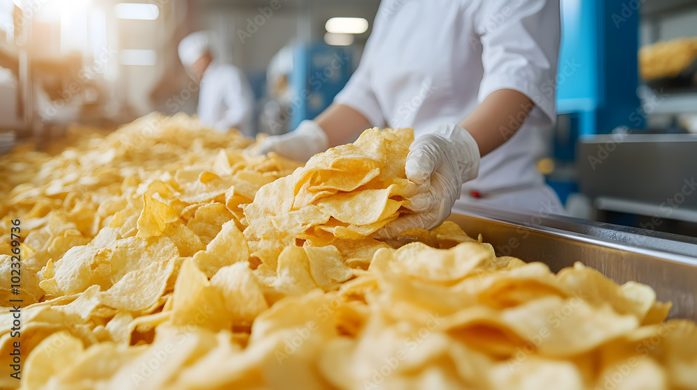 Potato Chips Production Line at Food Plant – Manufacturing Process for Snack Foods Potato Chips Production Line at Food Plant – Manufacturing Process for Snack Foods