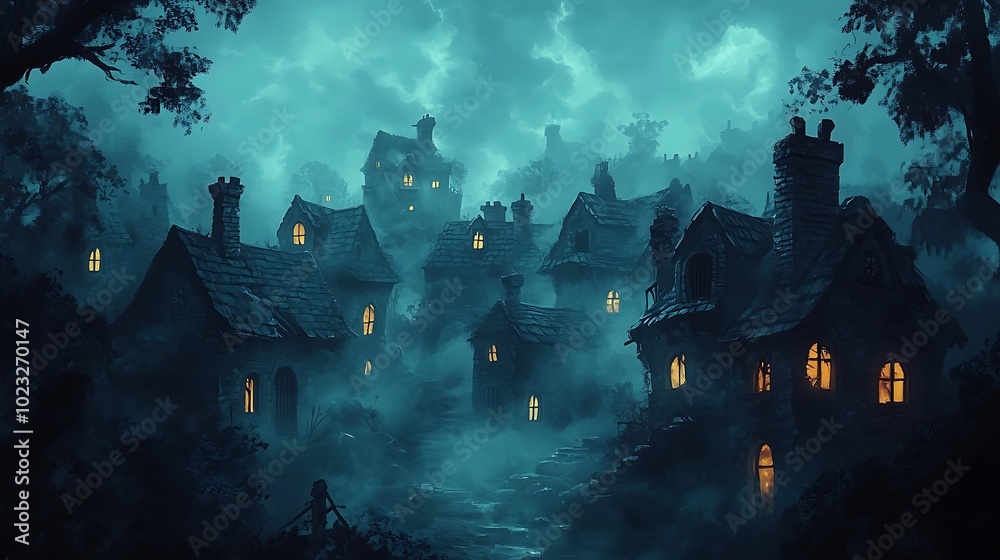 A spooky, cursed village, cartoon style, with twisted, leaning houses and swirling fog that fills the streets. The village is silent and dark, with only a few faint lights glowing from broken windows. A spooky, cursed village, cartoon style, with twisted, leaning houses and swirling fog that fills the streets. The village is silent and dark, with only a few faint lights glowing from broken windows.