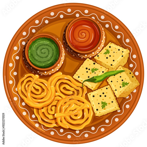 Top View Khaman Dhokla with Jalebis in Mud Thali with Green and Red Chutneys in Mud Pots or Matka. Traditional Indian Street Snacks Combo 