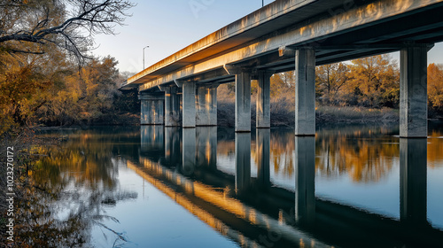 A highway bridge over a river, with reflections of the road in the water
