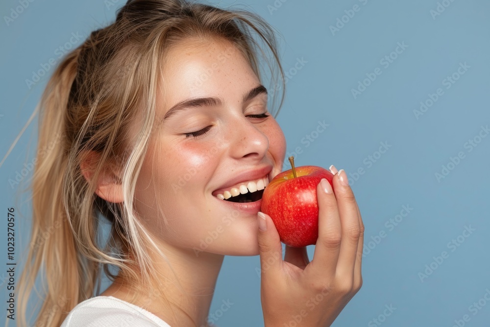 Young woman laughing while holding a red apple in front of a blue background on a sunny day Young woman laughing while holding a red apple in front of a blue background on a sunny day