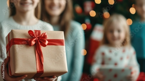 Festive family gathered around decorated Christmas tree exchanging holiday gifts and celebrating the special tradition of a joyful gift exchange