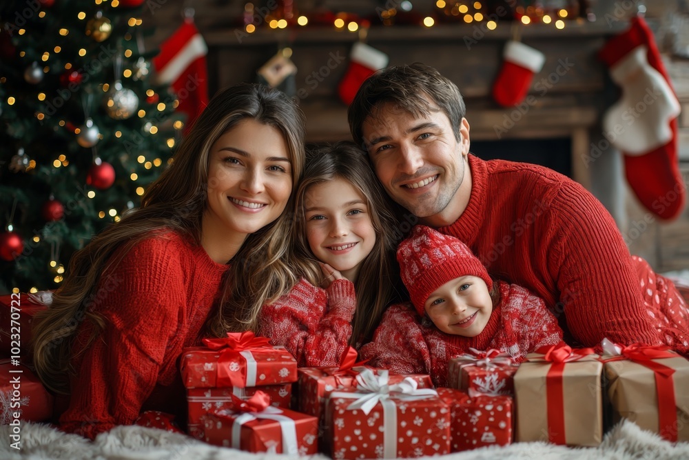 closeup of happy family wearing red clothes holding gifts near Christmas tree. ai generated closeup of happy family wearing red clothes holding gifts near Christmas tree. ai generated