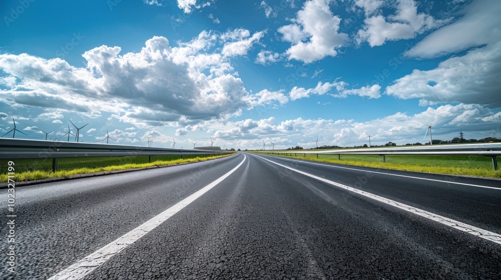 Empty Road with Wind Turbines and a Blue Sky Empty Road with Wind Turbines and a Blue Sky