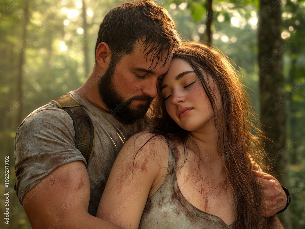 Romantic Couple Enjoying a Piggyback Ride Through a Sun-Dappled Forest, A Moment of Love and Adventure Romantic Couple Enjoying a Piggyback Ride Through a Sun-Dappled Forest, A Moment of Love and Adventure