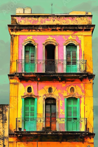 Vibrant, colorful building with green shutters.