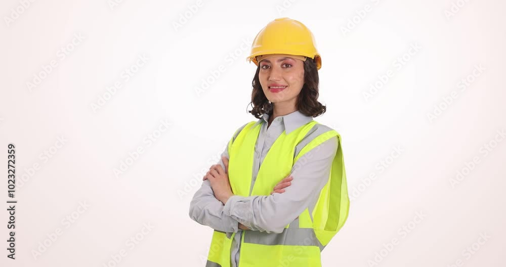 Woman engineer in hardhat and reflective vest crosses arms against white. Smiling female worker in uniform reflects confidence with career Woman engineer in hardhat and reflective vest crosses arms against white. Smiling female worker in uniform reflects confidence with career