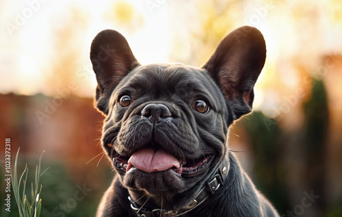 a black dog with a black collar, sitting in front of a blurred background with a golden yellow hue.