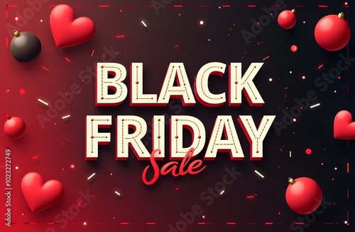 A vibrant announcement for a Black Friday sale is displayed, featuring large text highlighted with festive hearts and ornaments against a dark backdrop photo