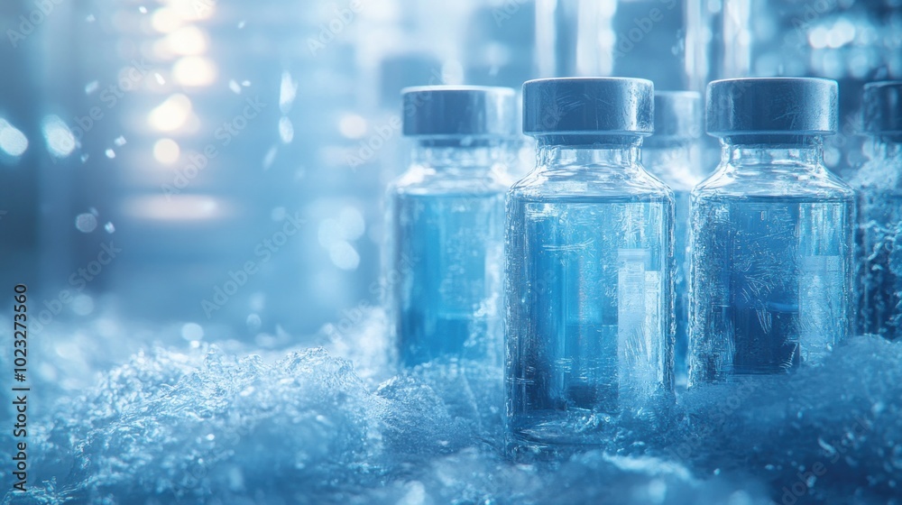 Vials filled with blue liquid, surrounded by ice, suggesting a scientific or medical context. Vials filled with blue liquid, surrounded by ice, suggesting a scientific or medical context.