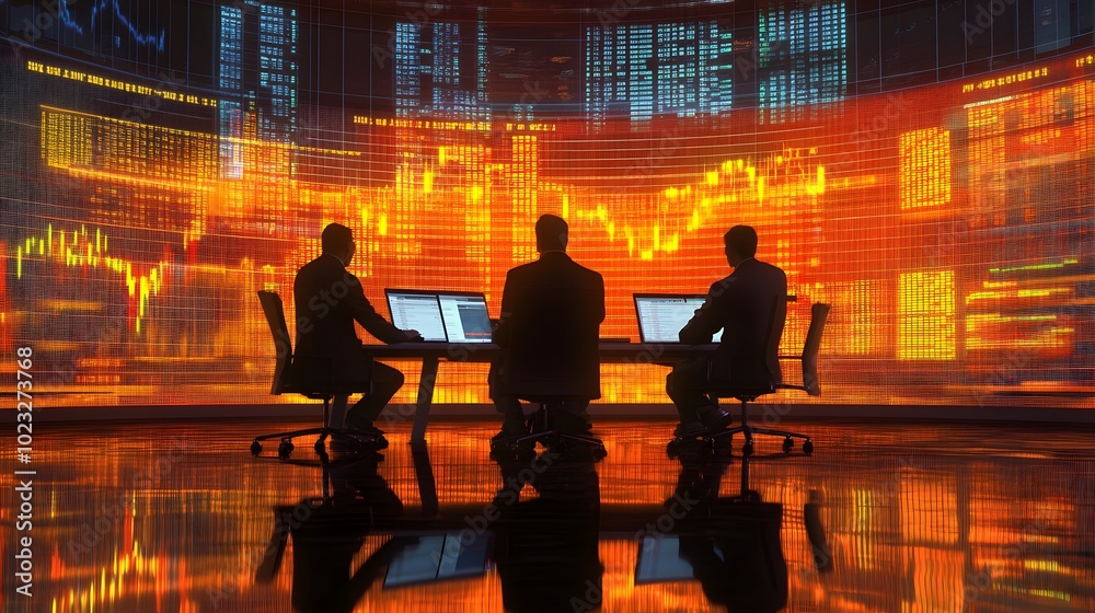 Traders viewing a stock market chart in a brightly lit conference room with market data flowing