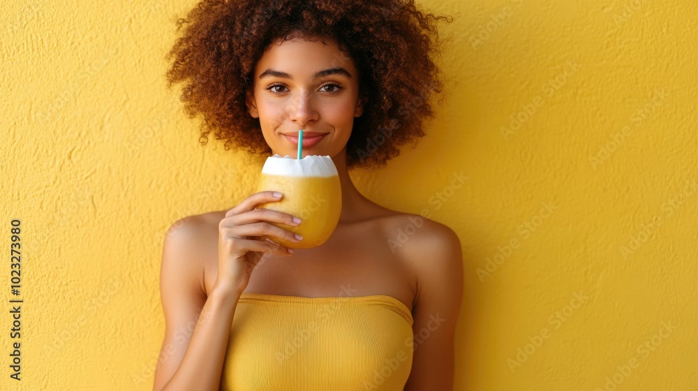 Vibrant young woman with curly hair happily sipping fresh coconut water through a straw showcasing a tropical healthy and sustainable lifestyle The image exudes a sense of refreshment wellness Vibrant young woman with curly hair happily sipping fresh coconut water through a straw showcasing a tropical healthy and sustainable lifestyle The image exudes a sense of refreshment wellness