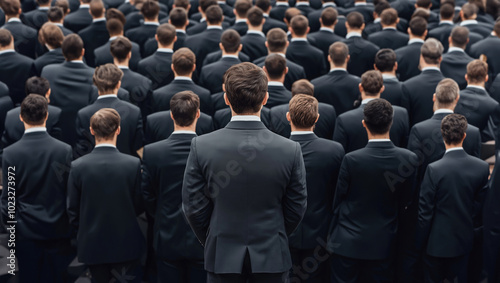 An individual stands above a large group of men in dark suits stand together, facing forward, in a formal and serious crowd.