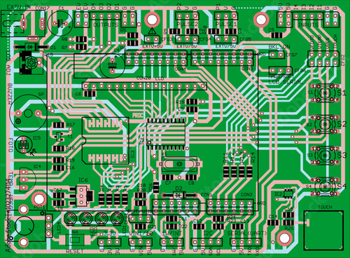 Vector computer printed circuit board of electronic 
device with components of radio elements, 
conductors and contact pads placed on it. 
Engineering technical cad drawing. Concept 
of pcb design.