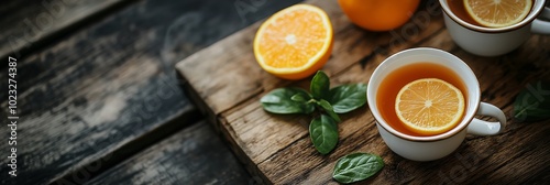 A warm cup of tea with orange slices on a rustic wooden surface.