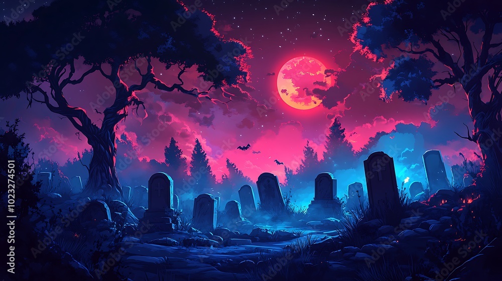 A spooky graveyard at night, cartoon style, twisted trees surrounding the crooked tombstones, glowing ghost figures hovering over graves. A spooky graveyard at night, cartoon style, twisted trees surrounding the crooked tombstones, glowing ghost figures hovering over graves.