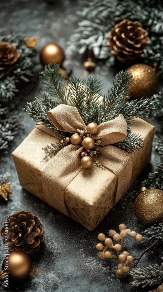 A beautifully wrapped gift adorned with festive decorations. A beautifully wrapped gift adorned with festive decorations.