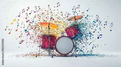 A colorful drum set is depicted with an explosion of musical notes around it, embodying an energetic performance atmosphere, and underscoring artistic innovation. photo