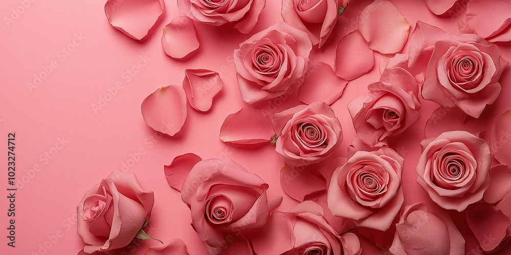 Delicate pink roses with petals scattered on a soft pink background, creating a romantic floral scene. Delicate pink roses with petals scattered on a soft pink background, creating a romantic floral scene.