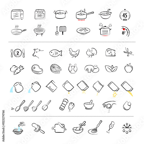 Hand drawing cooking icon set. Set of sign for detailed guideline of preparation food. Vector elements on a white background. Ready for your design. EPS10.