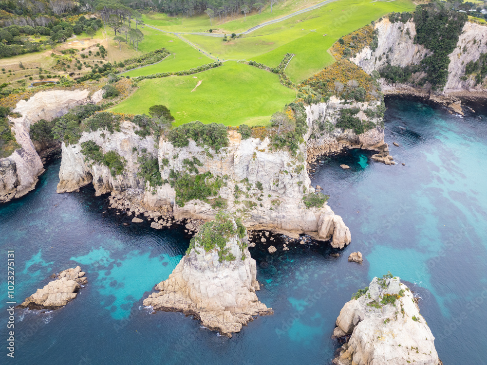 Coromandel, New Zealand: Aerial view of the dramatic coast of the Coromandel pensinsula near the beach town of Hahei near Whitianga in New Zealand north island.