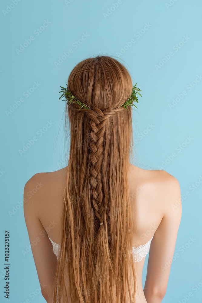 Naklejka premium Elegant Long Hair with Floral Crown Against Blue Background