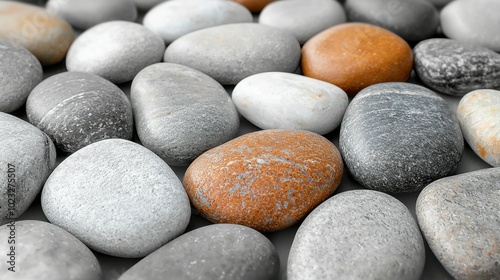 A close-up view of a variety of smooth stones, showing gray, white, and brown colors, creating a serene and natural aesthetic. photo