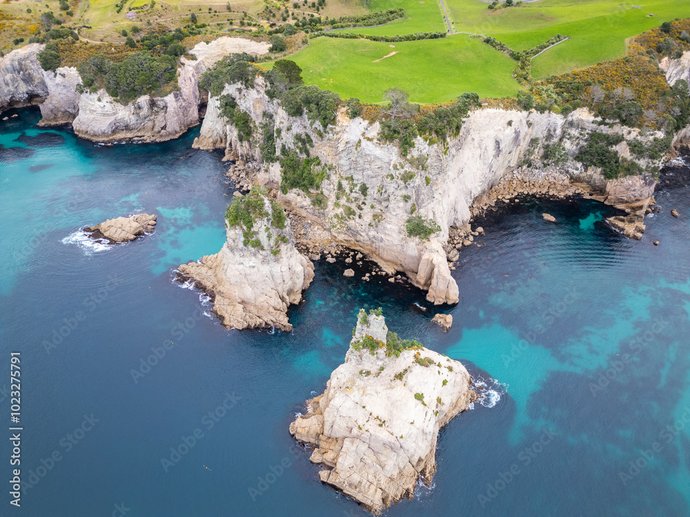 Coromandel, New Zealand: Aerial view of the dramatic coast of the Coromandel pensinsula near the beach town of Hahei near Whitianga in New Zealand north island.