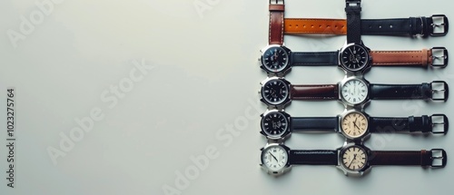 Collection of elegant wristwatches with leather straps on colorful background. Top down aerial view of wristwatch strap made from leather with vibrant color background. Flat lay composition. AIG55. photo