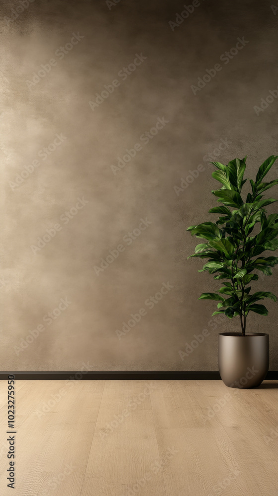 Modern indoor space featuring a decorative plant and minimalistic wall design in natural light Modern indoor space featuring a decorative plant and minimalistic wall design in natural light