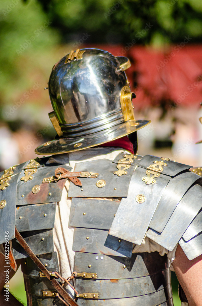 Obraz premium Roman legionary in metal armor at a Roman historical reenactment festival