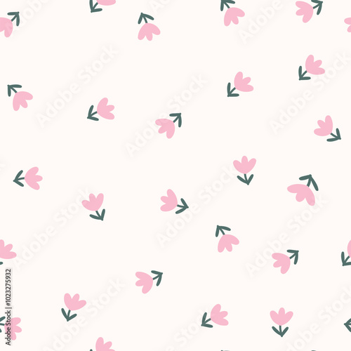Small cute pink tulips on light background, seamless pattern.