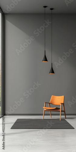 Modern minimalist living room with an orange chair and black pendant lights in natural lighting