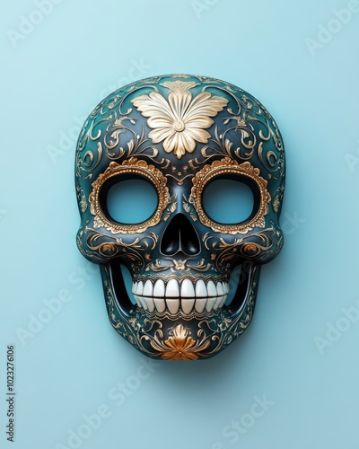 Dia de los Muertos celebration inspiration high angle image of an ornate skull mask on a calming blue background designed for marketing purposes photo