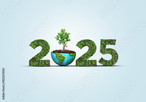 New Year 2025 green recycling and save our planet and earth environment. World water day 2025. Earth day 2025 concept. #1023276130