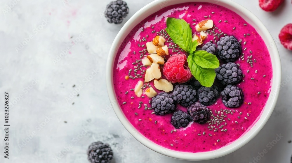 Vibrant smoothie bowl filled with a creamy nutrient dense blend of berries topped with a colorful array of fresh berries crunchy nuts Vibrant smoothie bowl filled with a creamy nutrient dense blend of berries topped with a colorful array of fresh berries crunchy nuts