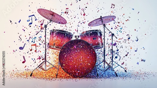 This image shows a whimsical drum kit enveloped in a lively burst of confetti and musical notes, capturing the enchanting essence of musical creativity and joy. photo