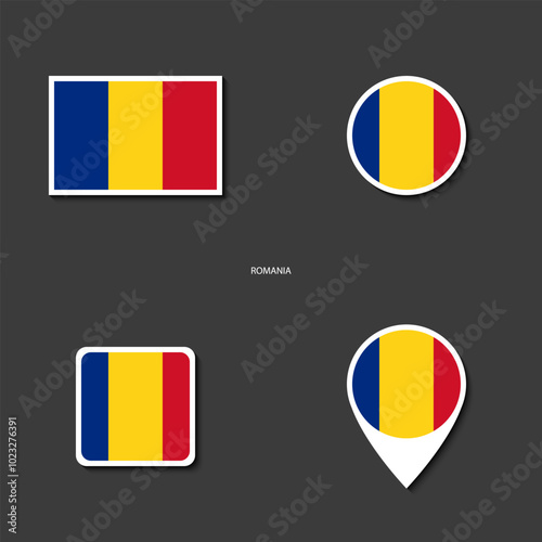 Romania flag icon set in different shape (rectangle, circle, square and marker icon) on dark grey background. Romania sticker icon collection on barely dark background	