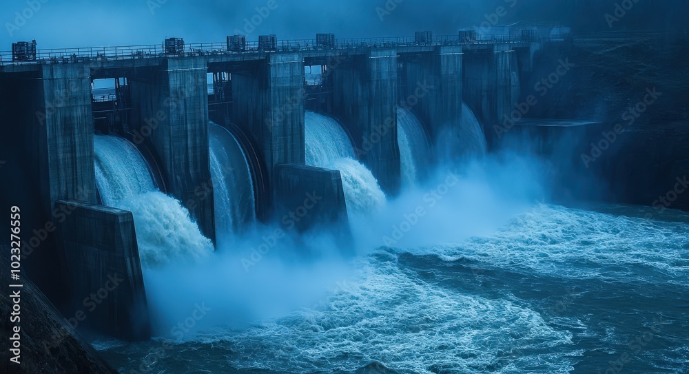 Hydroelectric Dam on Yenisei River: Modern Architecture with Blue Backlight and Bridge. Concrete Construction Generating Electricity Hydroelectric Dam on Yenisei River: Modern Architecture with Blue Backlight and Bridge. Concrete Construction Generating Electricity