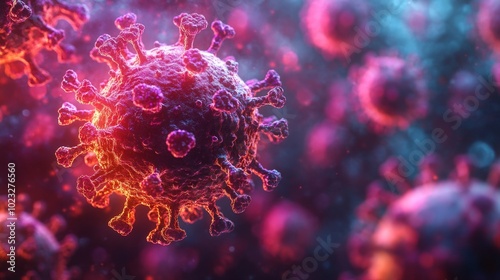 A close up of a virus with a pinkish hue