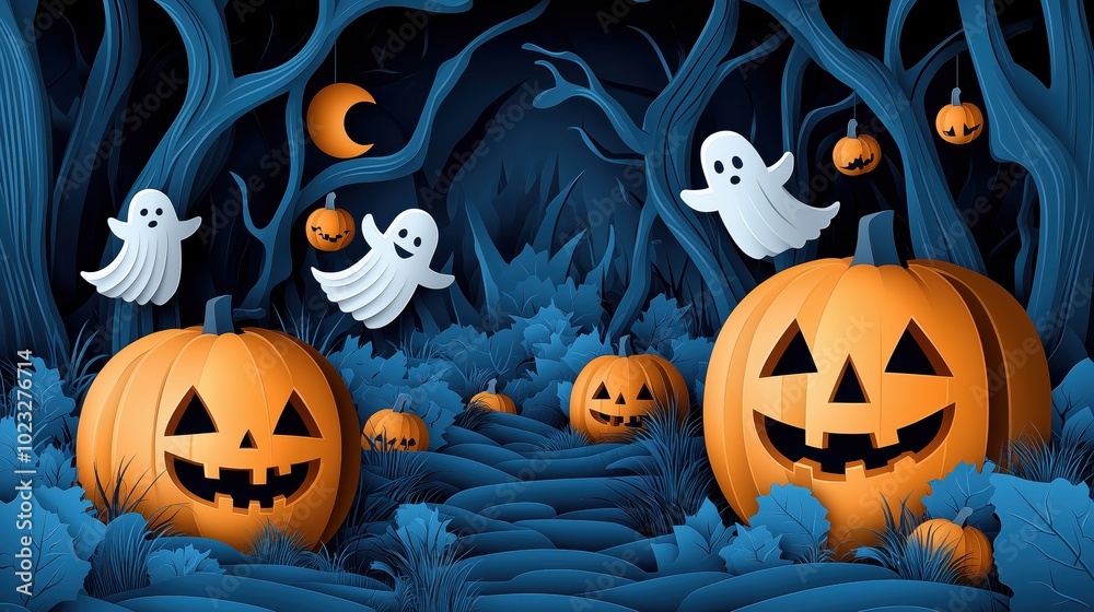 Spooky Halloween Forest: A whimsical papercraft scene of a haunted forest, filled with carved pumpkins, floating ghosts and a crescent moon. Perfect for Halloween decorations and spooky illustrations. Spooky Halloween Forest: A whimsical papercraft scene of a haunted forest, filled with carved pumpkins, floating ghosts and a crescent moon. Perfect for Halloween decorations and spooky illustrations.