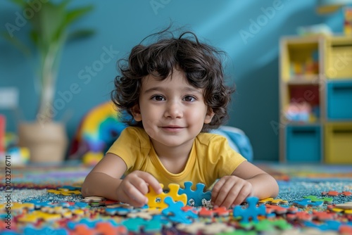 Child playing with colorful puzzle pieces in a vibrant playroom, early childhood education, cognitive development, indoor activity, playbased learning photo