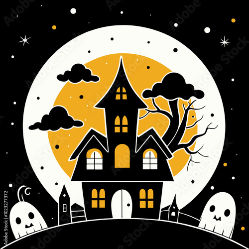 Spooky haunted house with bats and ghosts on a moonlit night background
