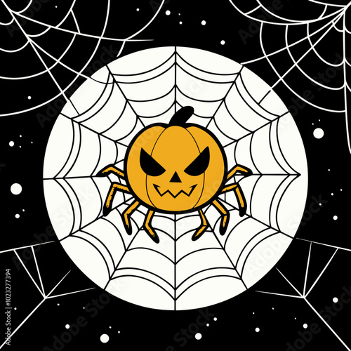 Spooky pumpkin with angry face sitting in a spider web on a black background
 photo