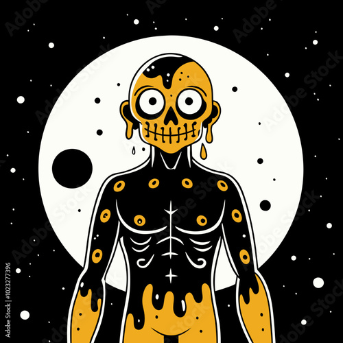 Cartoon zombie with a spooky skull face covered in dripping goo on a black background
