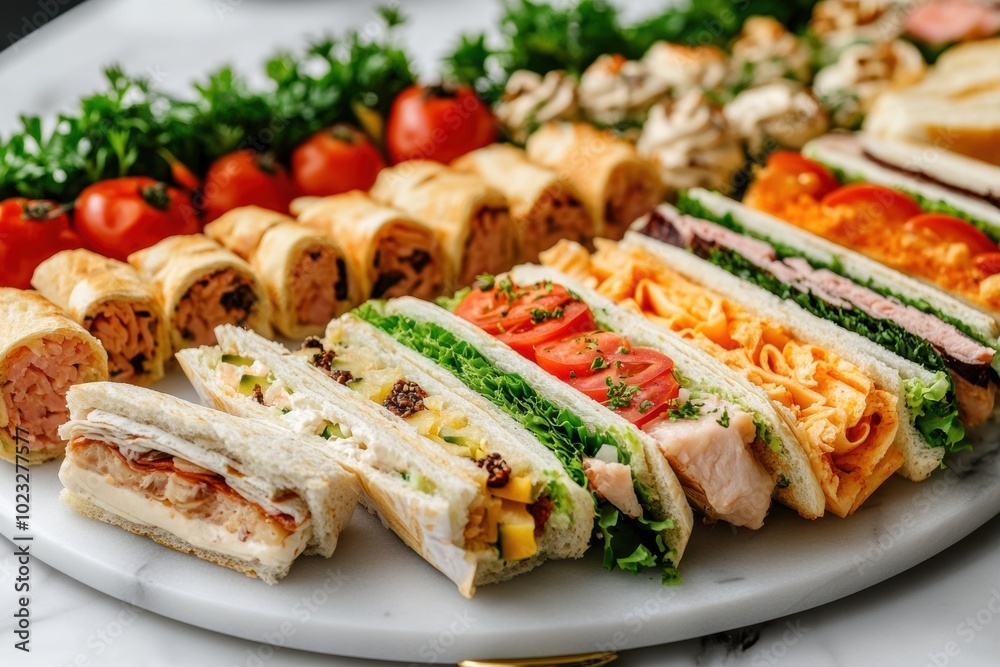 tasty mini sandwiches and wraps on marble platter perfect for parties or events snack platter concept banner